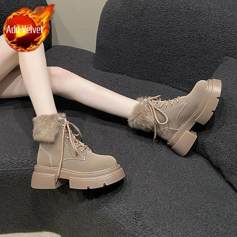Элегантные на шнуровке на среднем каблуке с круглым носком шнурки женская обувь мода весна 2024 39 большой размер теплые на молнии женские зимние ботинки