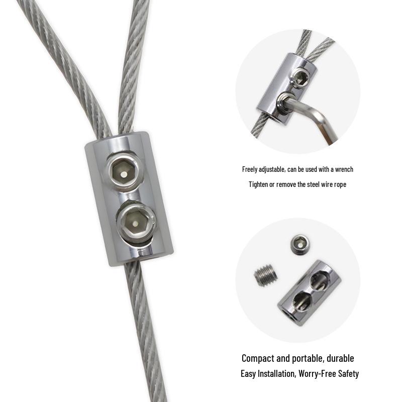 Plastic-coated steel wire rope with aluminum sleeve and stainless steel buckle for hanging and locking.