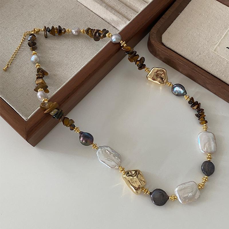Baroque Pearl Necklace Summer Does Not Fade Tiger'S Eye Stone Neck Chain High Quality Accessories Ethnic Style Sweater Chain Women