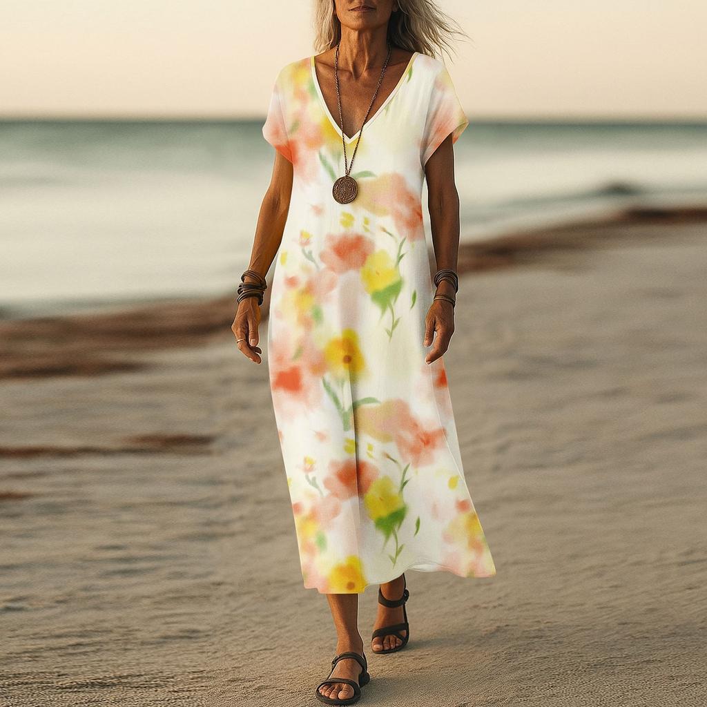 Summer Dress Women's Long Boho Beach Dress Elegant Maxi Dress V-Neck Short Sleeve Summer Tunic Dress Light Airy