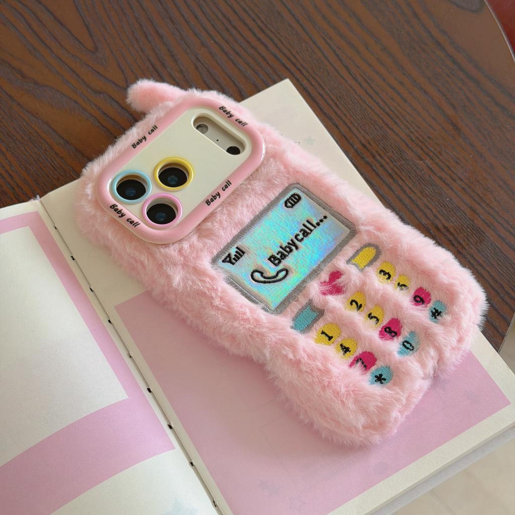 Cute Plush Phone Case for iPhone 11 12 13 14 15 16 17 Pro Max Plus Retro Game Console Design with Camera Stand Soft Fuzzy Cover
