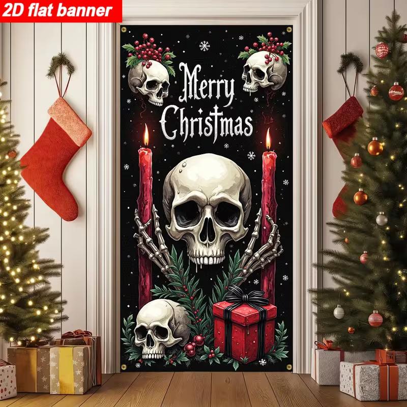 2D Dark Merry Christmas Skull Door Banner, Spooky Gothic Holiday Backdrop