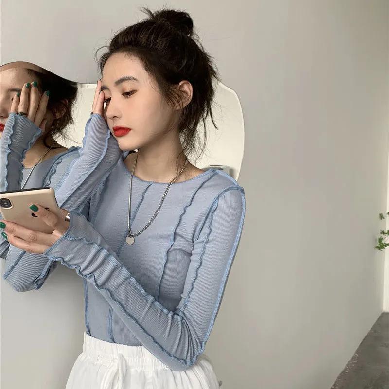 WTEMPO Женские футболки с длинным рукавом и круглым вырезом, тонкие родо-синие шикарные уличные женские крутые корейские весенние повседневные топы