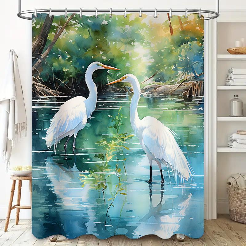 Watercolor Birds Bathroom Shower Curtain White Pelicans Swamp Print Home Decor Waterproof Fabric Shower Panel Suitable for Batht