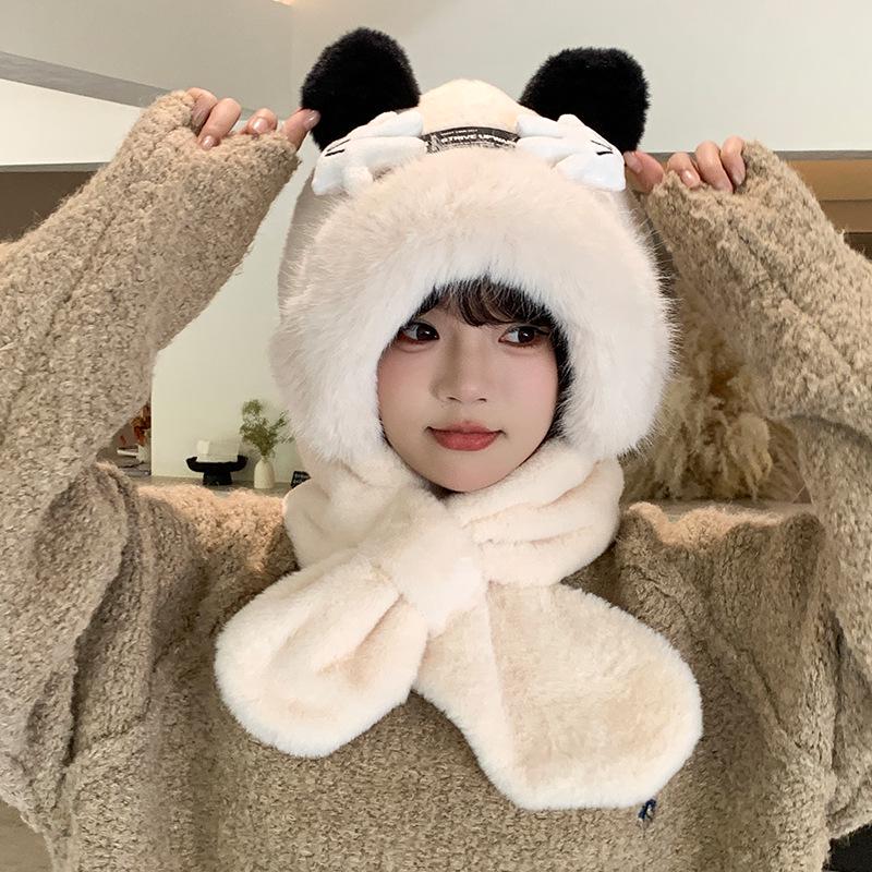 Women's Cozy Fox Ear Plush Hat with Integrated Scarf - Warm, Soft Lei Feng Design for Autumn and Winter. Perfect Ear Protection for Students.