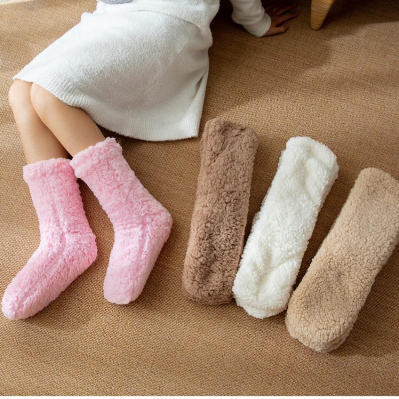 1 Pair Winter Warm Women Floor Socks Solid Color Plush Soft Non-slip Home Thickened Thermal Carpet Sock