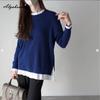 Корейский стиль Осень Весна Женский свитер с оборками на воротнике Пэчворк Темно-синий Коричневый Вязаный пуловер Длинный рукав Повседневный Свободный Вязаный верхняя одежда