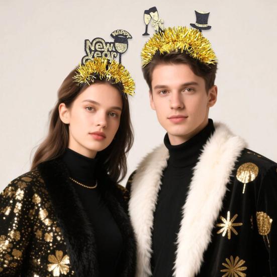 2026 Новогодняя повязка на голову с логотипом в виде цифр, черно-золотой дизайн с пайетками, украшенная лентами, обруч для волос, реквизит для командного единства