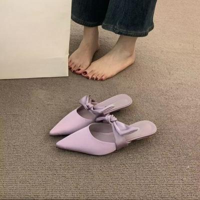 Мода 2025 Горячая Распродажа Летние Женские Шлепанцы Острый Носок Бант Платье Сандалии Модные Закрытый Носок Низкий Каблук Элегантные Современные Шлепанцы