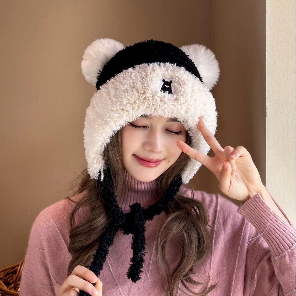 Cute Little Bear Plus Velvet Hat for Women In Autumn and Winter New Korean Style Knitted Hat Versatile Warm Ear Protection Fashion Wool Hat
