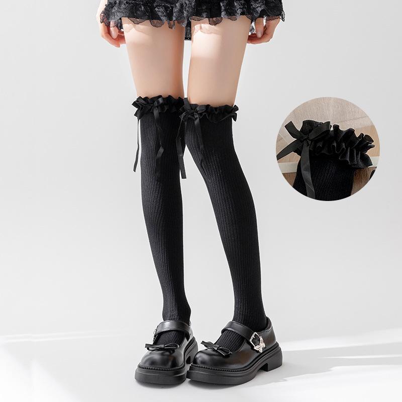 Однотонные высокие кружевные милые чулки в стиле Лолиты, толстые теплые черные белые длинные носки для женщин
