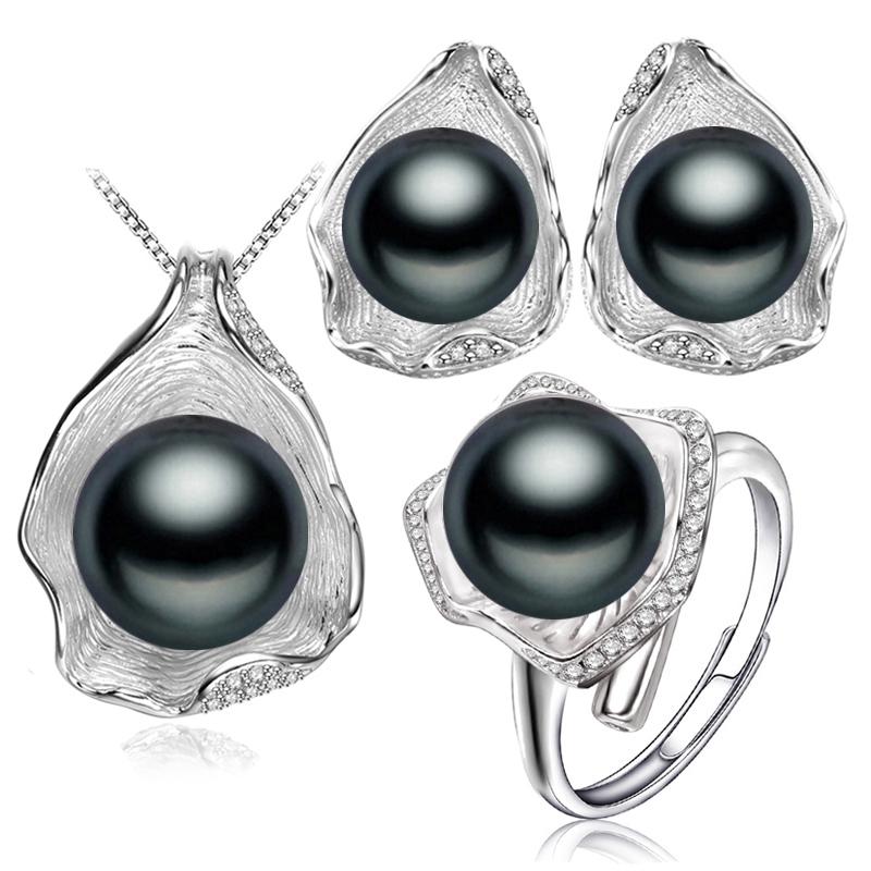 LSOOYH дизайн ракушки натуральный пресноводный жемчуг серьги комплекты ювелирных изделий ожерелье с кубическим цирконием кольцо
