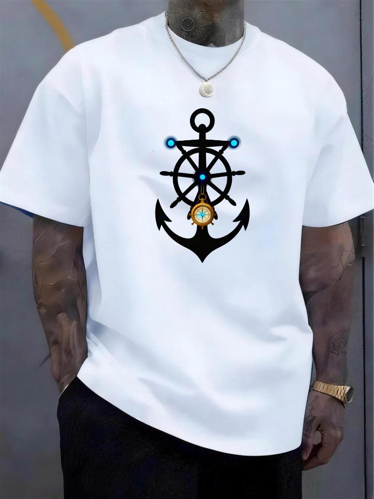 Unisex White Crew Neck Tee Anchor Ship Wheel Compass Print Loose Oversized Short Sleeve Unisexs Streetwear Summer Casual Basic Top