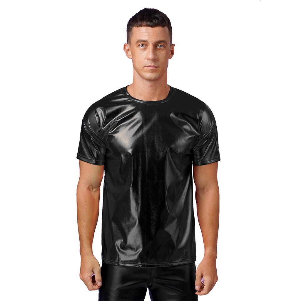 Мужской блестящий топ с металлическим отливом, круглым вырезом и короткими рукавами для клубных шоу или танцевальных вечеринок