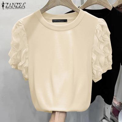 Женская мода с круглым вырезом и кружевным фонарем с коротким рукавом, однотонные свободные футболки