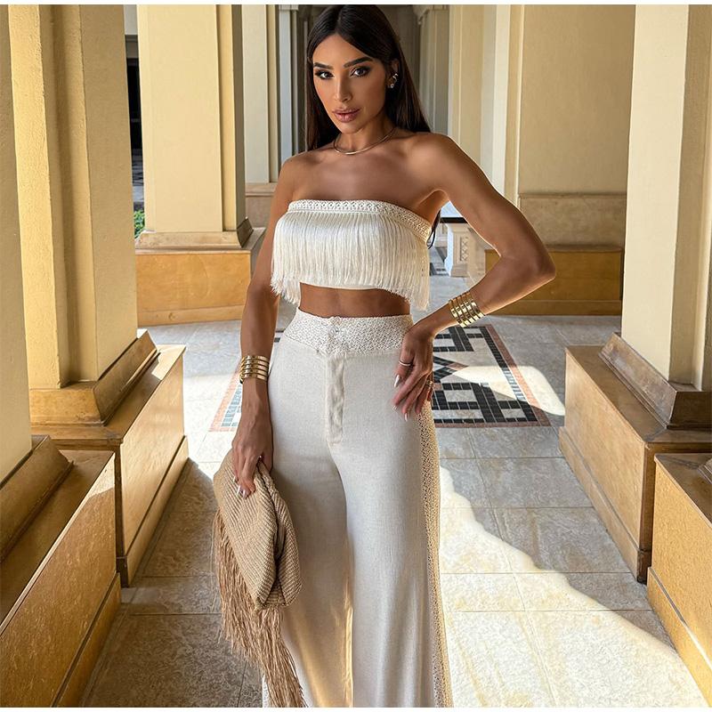 Solid Color Tassel Tube Top Strap Two-piece Sexy Beach Seaside Vacation Ladies Suit 2025 High Waist Wide Leg Pants & Short Tube Top