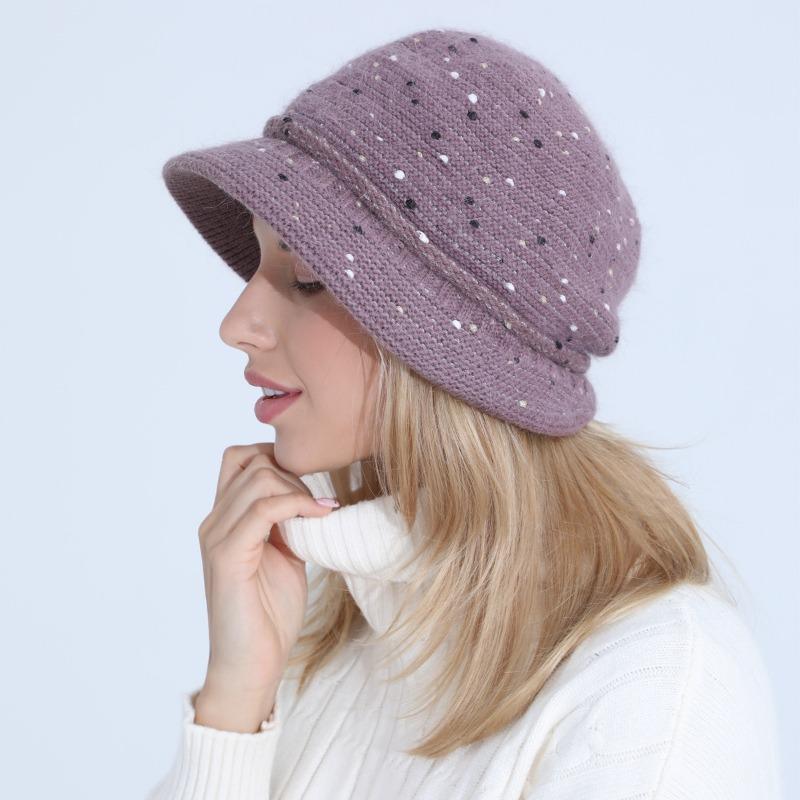 Knitted Hat Women Autumn Winter Mixed Color Fashionable Mom Rabbit Yarn Basin Hat with Thick Velvet Insulation Hats & Caps