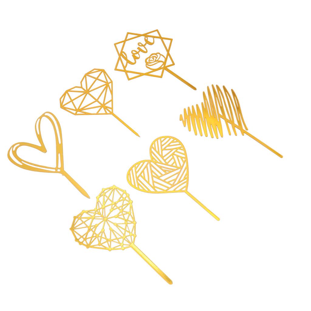6Pcs Cake Topper Decorations Gold Heart Shaped for Cupcake Birthday Party Celebration Wedding Anniversary