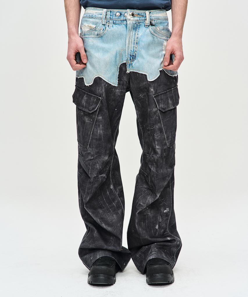 ADSB ANDERSSON BELL Four Denim & Scratch Leather Printed Cargo Pants Apa703M(Denim/Black)