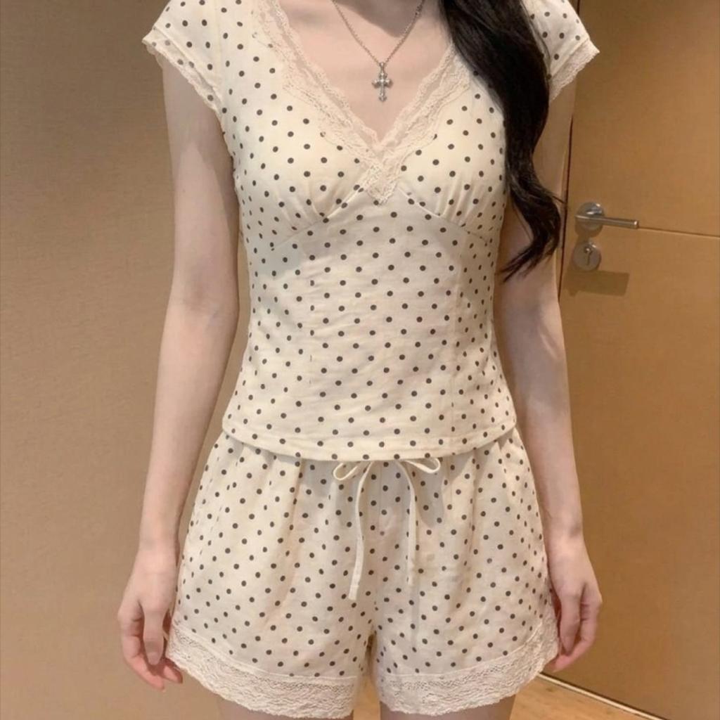 Korean retro polka dot printing V-neck short-sleeved pajamas women's summer 1011 new large-size shorts loungewear set