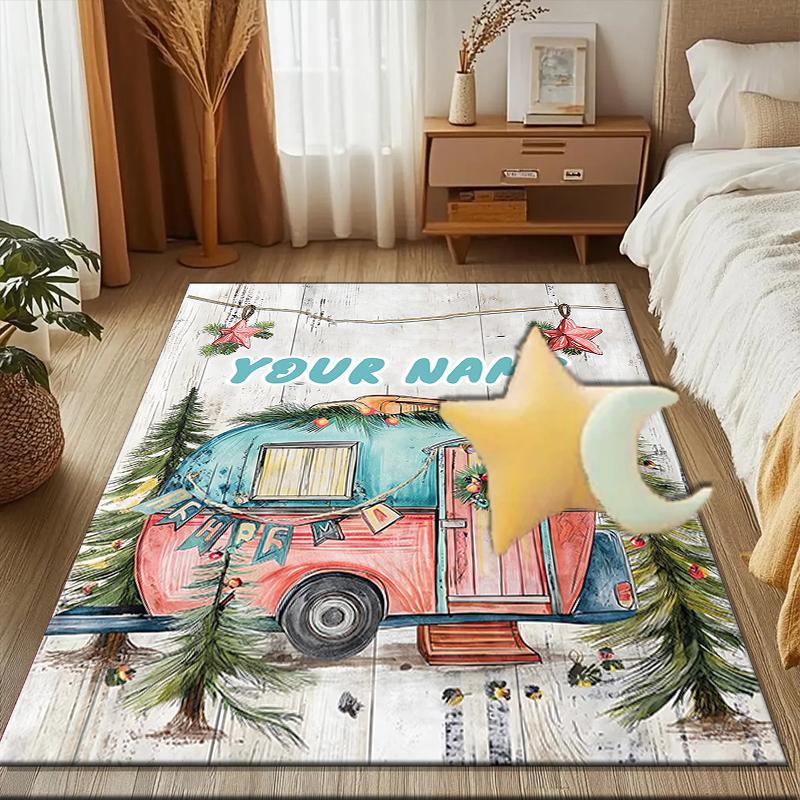 1PC Custom Name Christmas Camper Theme Floor Mat Ideal for Living Room, Game Rooms, Office, Bedroom, Floor Mat Playful Design