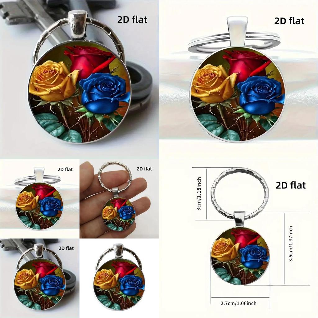 Red Yellow Blue Rose Design Keyring With Zinc Alloy And Glass For Collectors Item