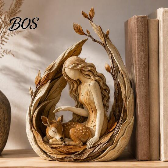 Bohemian Home Decor Woodland Guardian Resin Figurine, Rustic Forest Woman Sculpture with Fox Deer Owl, Mantel Decoration Boho Tabletop Ornament