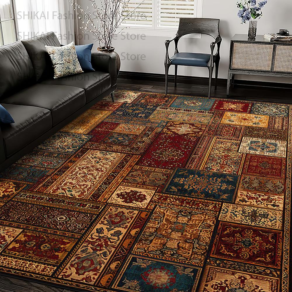 Retro Flower Geometric Stitching Living Room Rug Decoration Living Room Classical Fluffy Carpet Easy Clean Non-slip Floor Mats