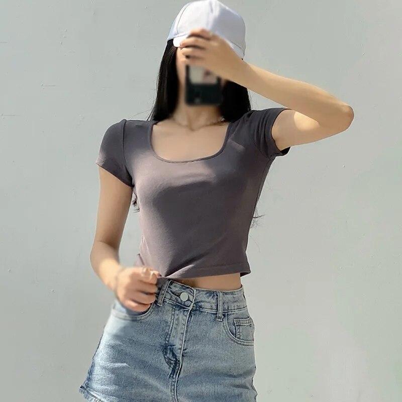 Женский укороченный топ с коротким рукавом, спортивный топ, пуловер, рубашка для тренировок, футболка для йоги, облегающие футболки с квадратным вырезом