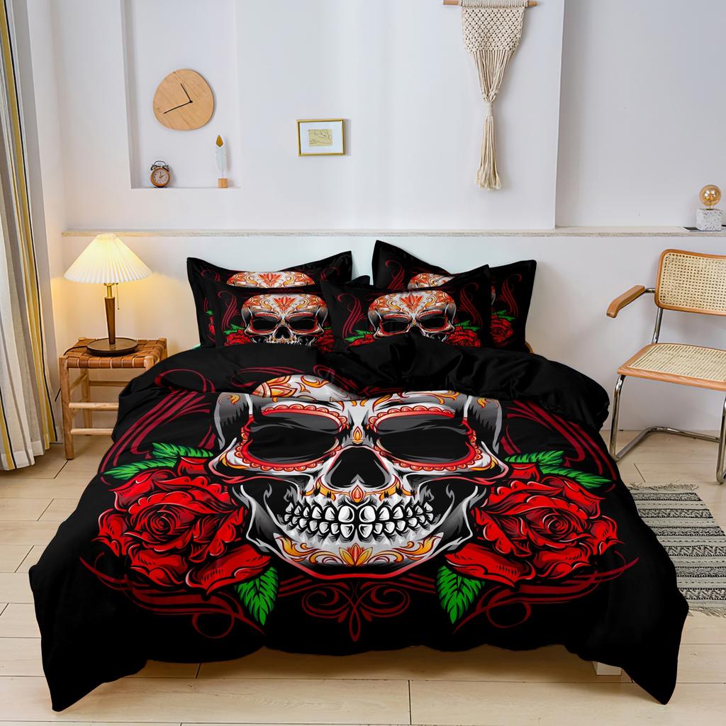3 предмета Готический мексиканский сахарный череп Женщина Пододеяльник Постельное белье Цветочные и черепные узоры - Идеально для празднования Дня мертвых