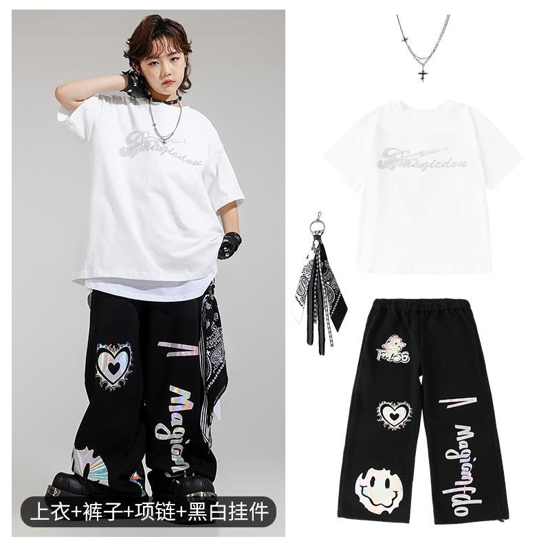 Kids Hip Hop Dance Outfit Set - White Sparkle Short Sleeve Top Black Reflective Print Pants Boys Girls Performance Streetwear
