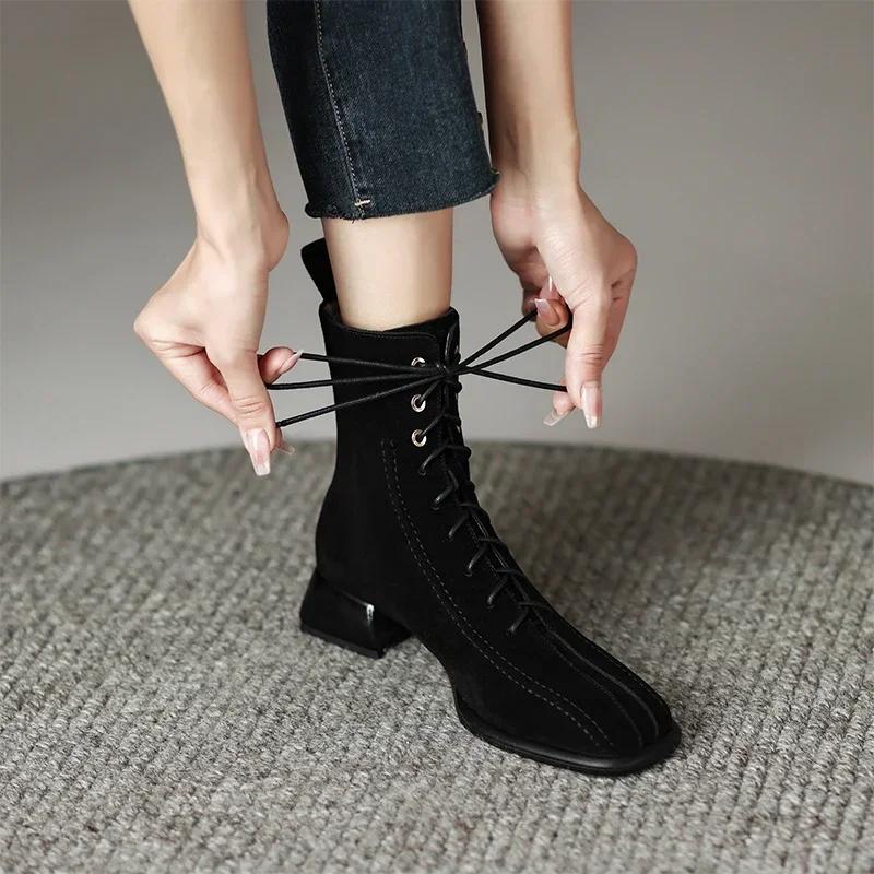 New Square Toe Thick Heel Everything Temperament Fashion Boots Ankle Boots Small Fragrance Stretch Slim Boots