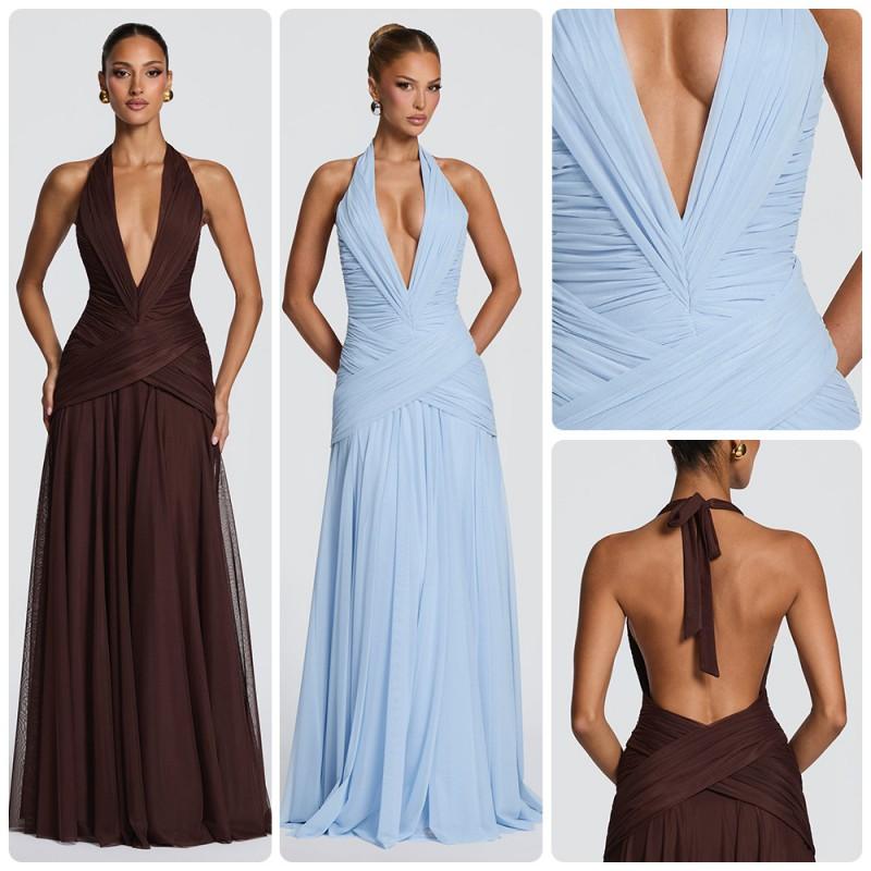 2026 Halter Mesh Deep V Wrap Maxi Dress Formal Evening Gown Women