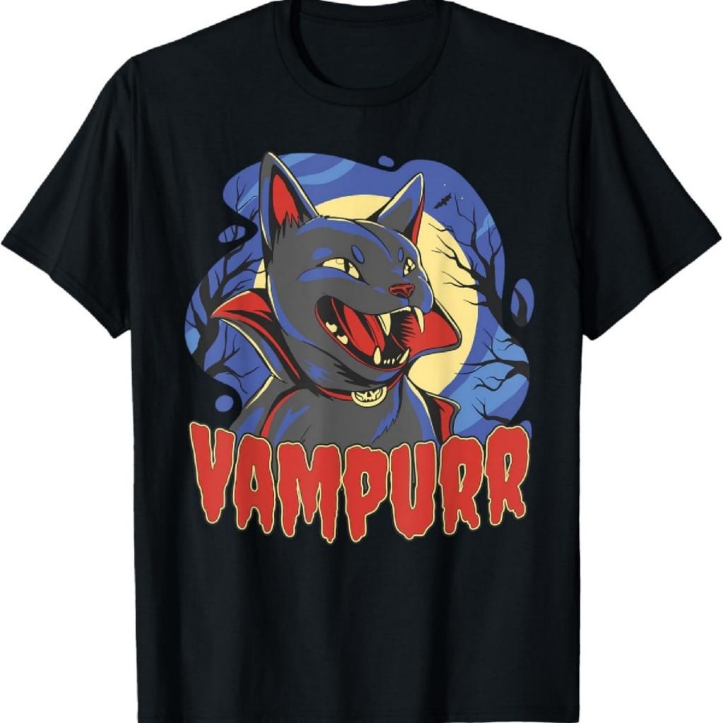 Вампурр Кот-вампир Милый Ретро Хэллоуин Жуткий Ужас Футболка