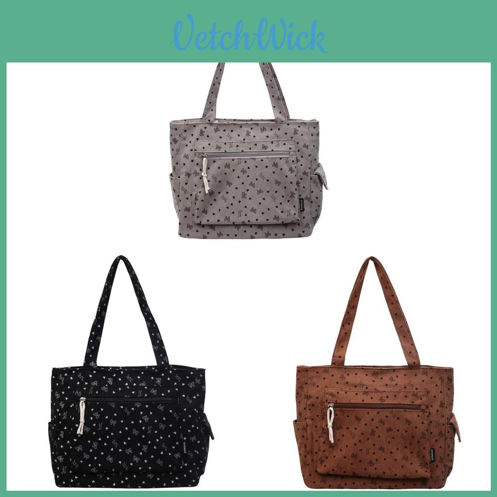 Large Capacity Cotton Corduroy Tote With Multiple Pockets For Casual Daily Carry