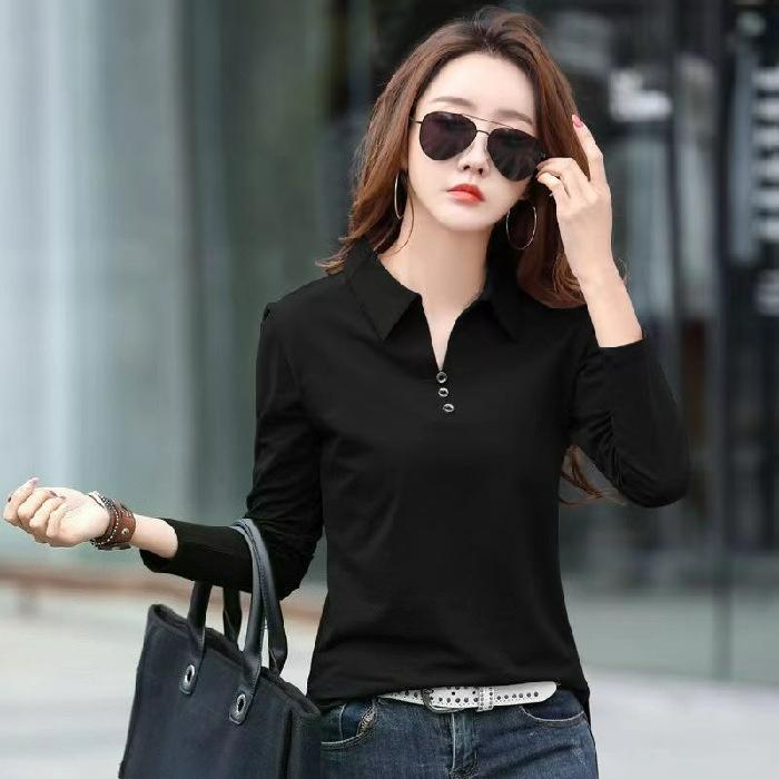 Однотонная большого размера с длинным рукавом, воротник ПОЛО, облегающая, простая верхняя одежда, футболка, женская базовая рубашка, весна и лето