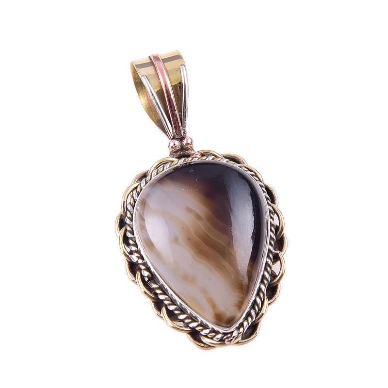 Natural Botswana Agate 925 Solid Sterling Silver Gift TwoTone Pendant 1.50" V5t89