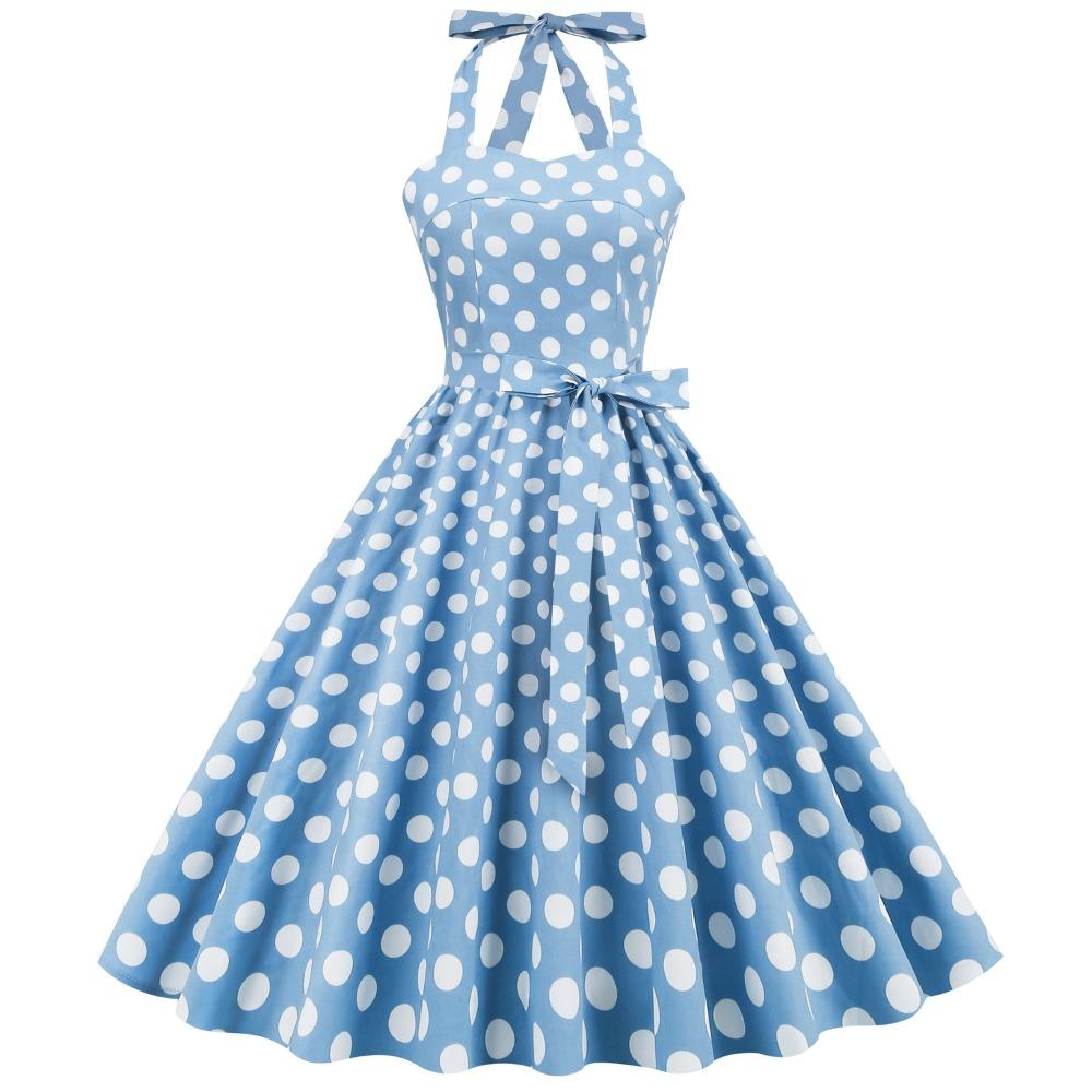 Retro polka-dot lace-up halter-neck flared ball gown performance dress, bohemian style