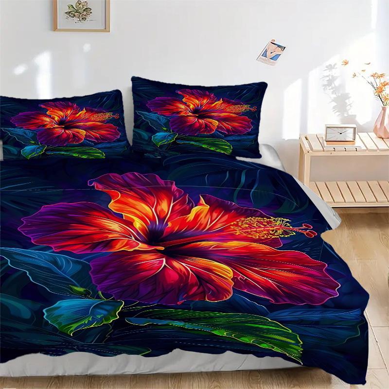 3pcs Hibiscus Bloom 1Cover + 2Pillowcases, PillowInserts NotIncluded, Machine Washable, All - Season Use, Suitable for Bedroom Guest Room55