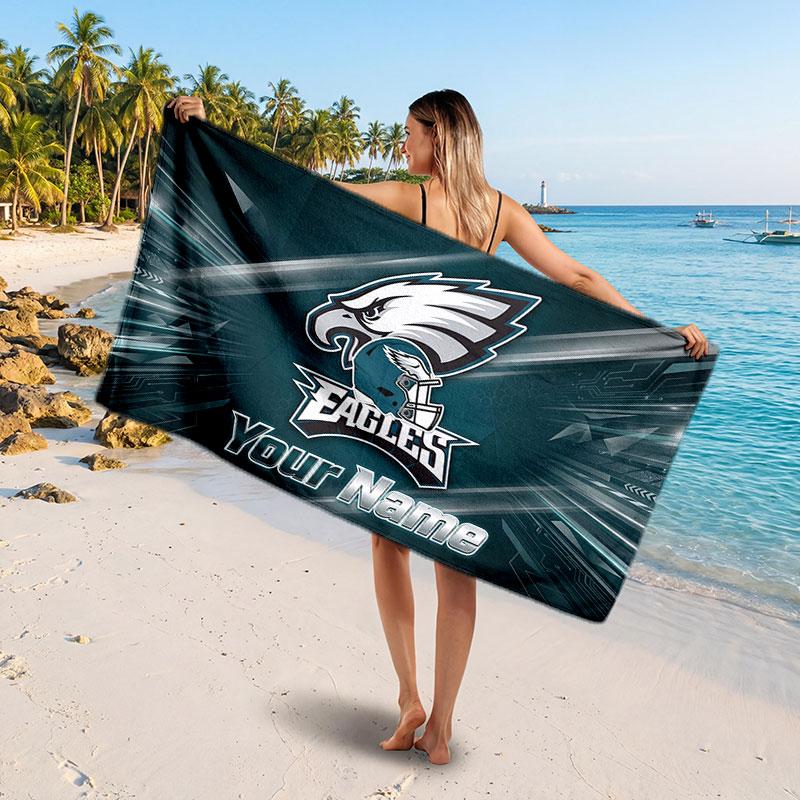 Philadelphia Eagles Customized Name Text Beach Towel, Soft Absorbent Towel Beach Pool Travel Personal Gift