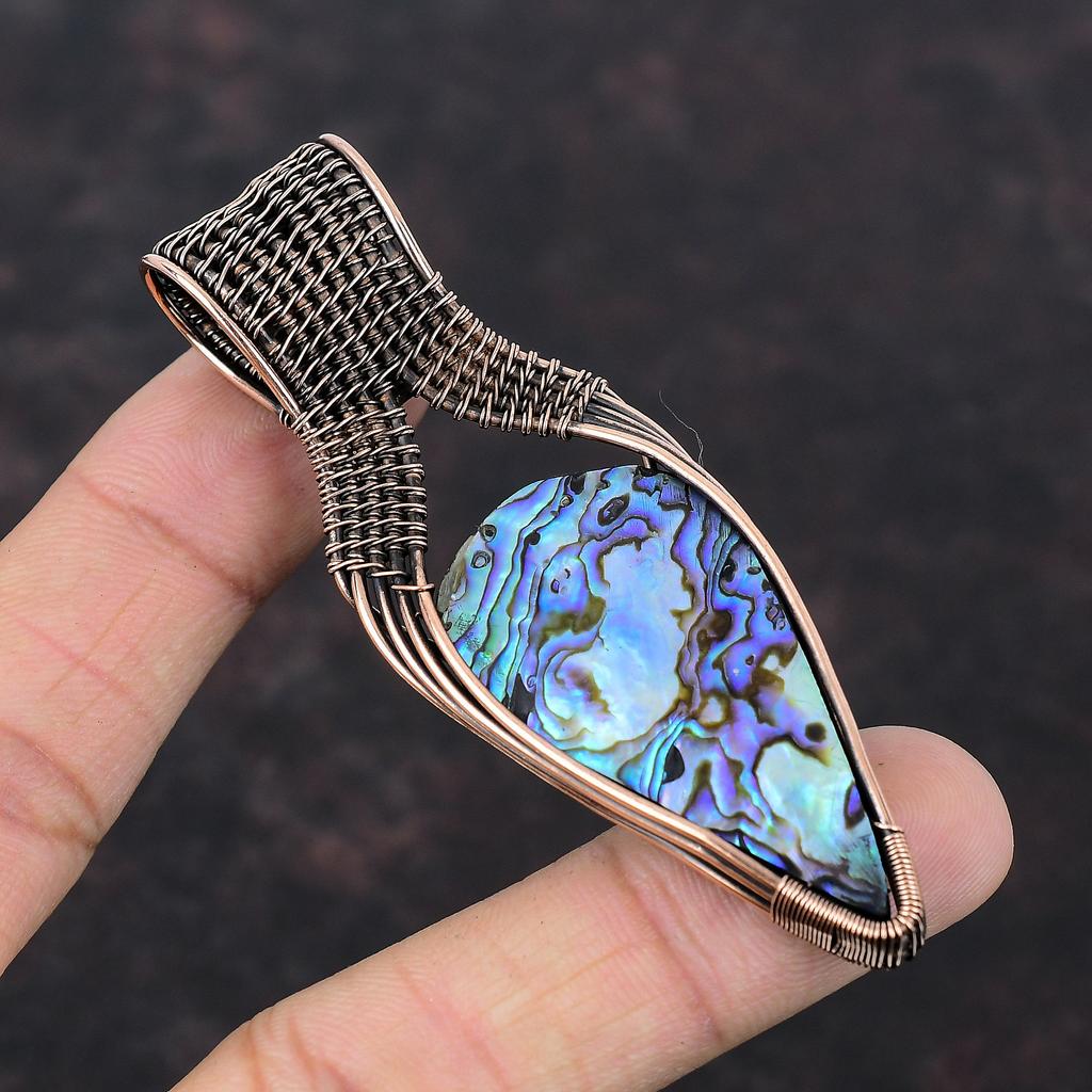Подвеска из ракушки абалон, подвеска из медной проволоки, драгоценный камень, кулон ручной работы, медные украшения, подарок для нее, украшения из проволоки, лечебный камень