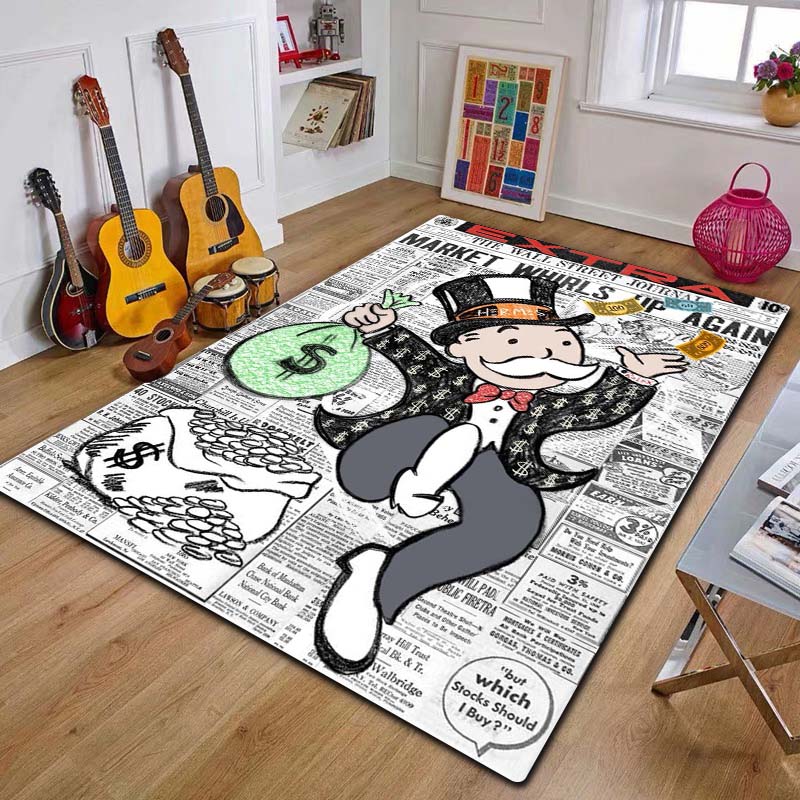 3D Rich Man Game Monopoly Dollar Cartoon Print Flannel Area Rug Non-Slip Floor Mat For Bedroom Sofa Living Room Home Decor Gift