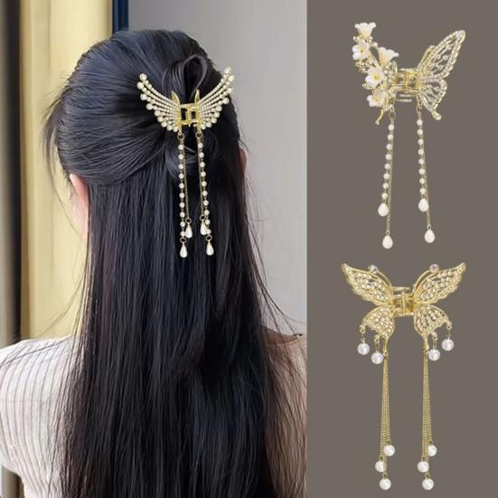 Hair Claw Long Fringe Faux Pearls Butterflies Decor Hair Clips Women Girls Hairstyles Home Outdoor Playing Hair Decoration