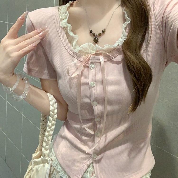 Plain Weave T Shirt With Lace Embroidery For Summer Casuals