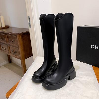 Ботильоны на толстой подошве и высоком каблуке для женской осени и зимы, новый ветер, V-образный вырез, ботфорты до колена, кожаные ботинки, задняя молния, тонкие ботинки