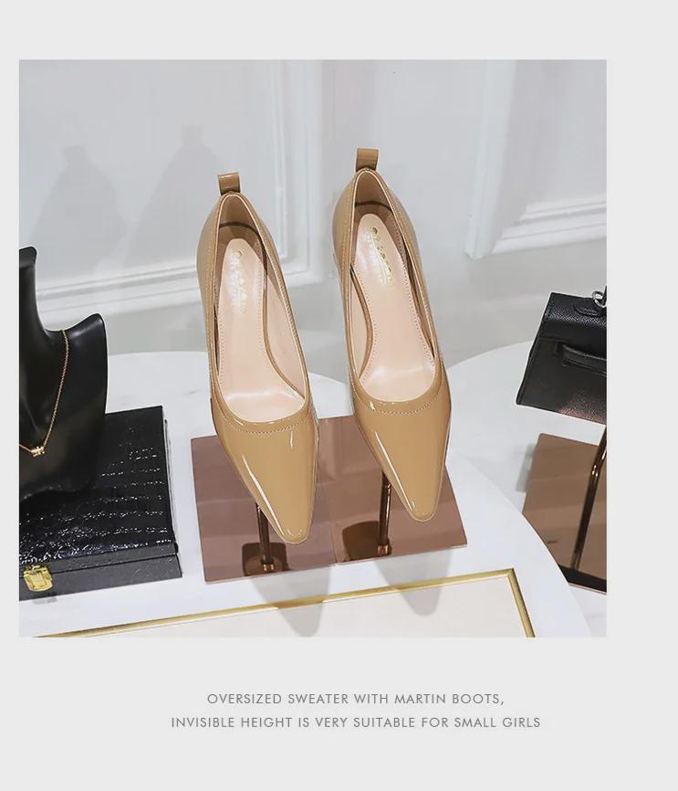 Корейские лакированные женские туфли с острым носком — модные, простые, удобные, с универсальным толстым каблуком средней высоты