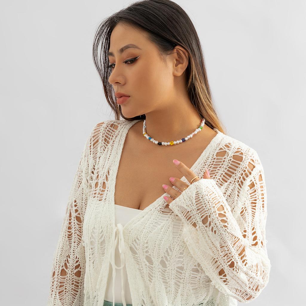 Jewelry, Pastoral Ethnic Beaded Collarbone Necklace, Simple Special-shaped Imitation Pearl Small Daisy Necklace for Women