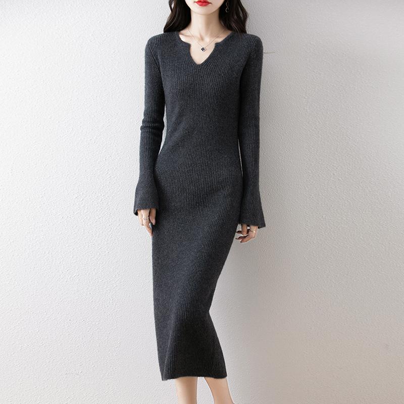 Женское платье-свитер 100% шерсть MODERN NEW SAGA V-образный вырез трикотажный длинный пуловер зимние джемперы шерстяное длинное платье женское