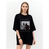Oversized T Shirt Black Cat Graphic Print I Do Not Think Therefore I Do Not Am Text Design Casual Streetwear Fashion Women Summer Top