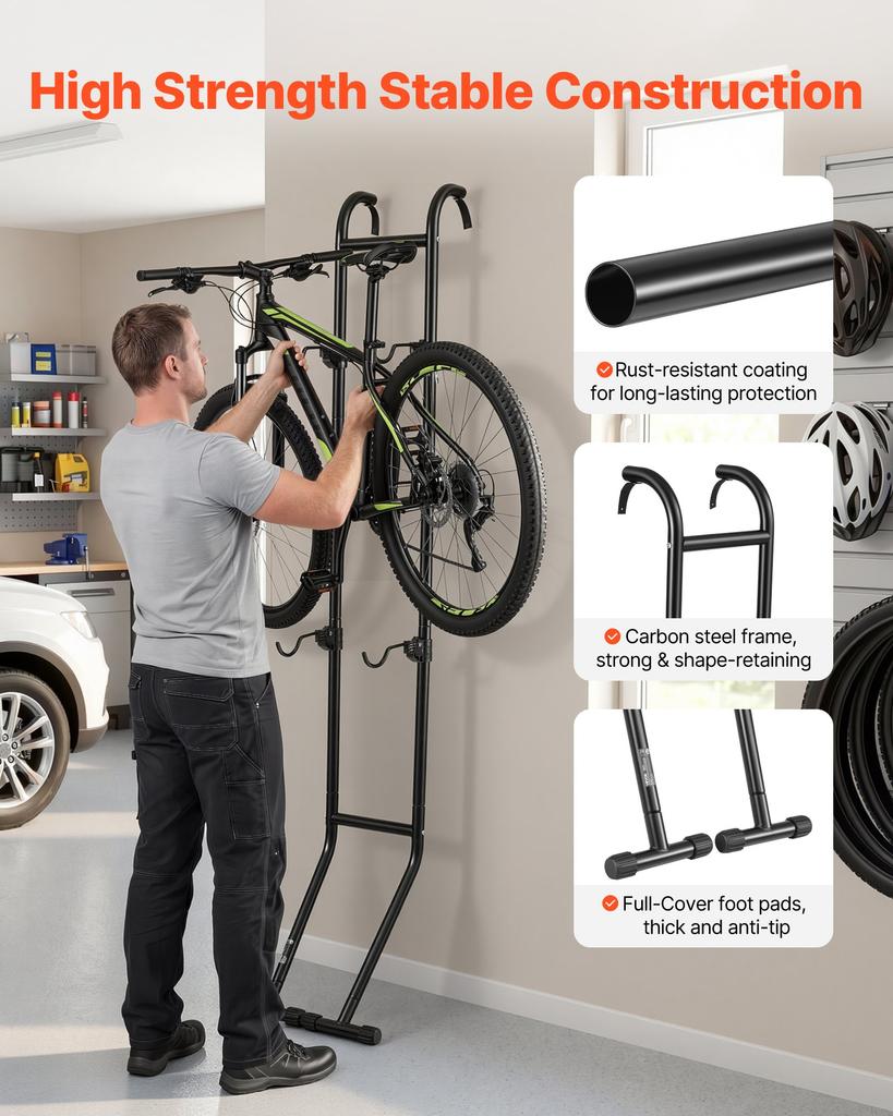 VEVOR Bike Stand for 2 Bikes, Freestanding Vertical Bike Storage Rack, with Height-Adjustable Hooks
